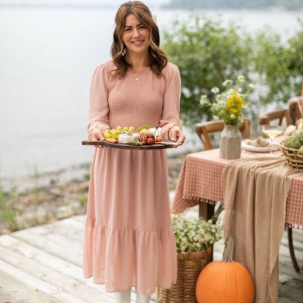 Jillian Harris Elegant Misty Rose Long Sleeve Dress